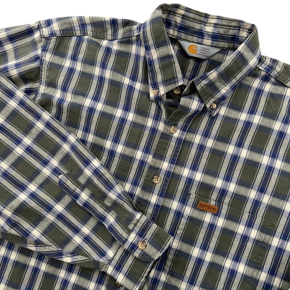 VTG Y2K Carhartt Plaid Button Down Shirt Mens XL Green Blue Long Sleeve Rugged